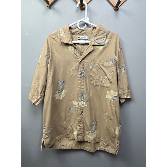 Columbia Men’s Short Sleeve Swordfish Fishing Button Shirt Tan‎ Sz Large - Picture 1 of 6